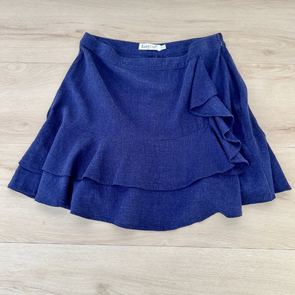 Sunny Girl Navy Asymmetrical Ruffle Mini Skirt 100% Linen Sz 14 / Dark Coquette
